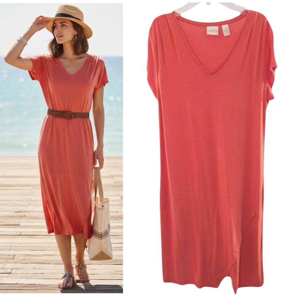 Chico's Midi Dress Women's Sz M Orange Stretch Jersey Knit Short Sleeve